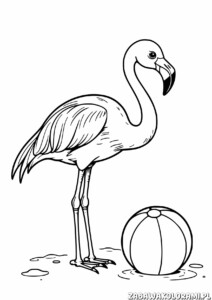 Flamingo stojący na jednej nodze z piłką plażową obok