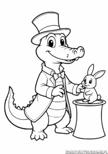 Kolorowanka z krokodylem w kapeluszu magika i króliczkiem