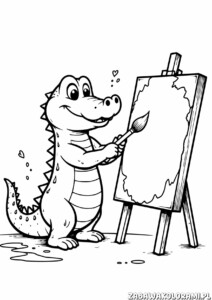 Kolorowanka przedstawiająca Krokodyl malującego na sztaludze