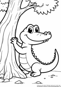 Krokodyl w zabawnej pozie, z podniesioną łapą na pniu drzewa