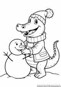 Krokodyl w zimowej odzieży trzymający bałwanka