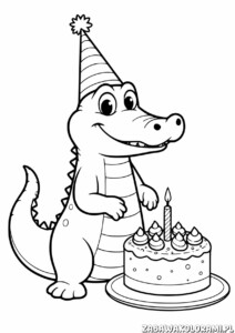 Kolorowanka krokodyla z partystycznym kapeluszem obok tortu urodzinowego z zapaloną świeczką