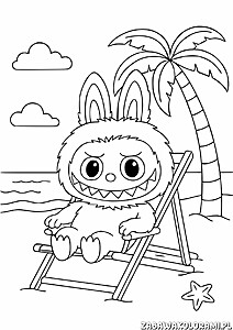 Postać z dużymi oczami, ostrymi zębami i futrzanym ciałem, palmowe drzewo, ocean z falami, chmury, gwiazdnica