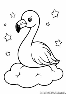 Kolorowanka przedstawia flaminga stojącego na chmurze otoczonego gwiazdkami.