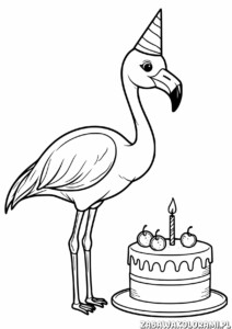 Flaming z kapeluszem urodzinowym obok tortu z zapałką