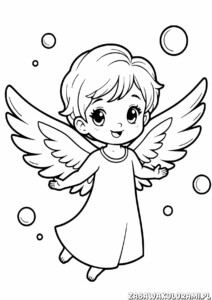 Kolorowanka przedstawiająca anioła z rozłożonymi skrzydłami i bąbelkami wokół
