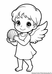 Kolorowanka przedstawiająca anioła z muszelką w ręku