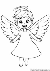 Aniołek z halem i skrzydłami, uśmiechnięty i gotowy do lotu