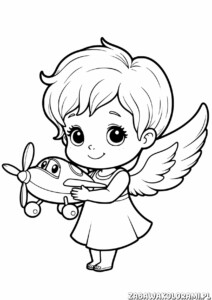 Kolorowanka przedstawia aniołka z samolotem