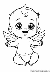Kolorowanka przedstawiająca aniołka z kurczaczymi włosami i skrzydłami