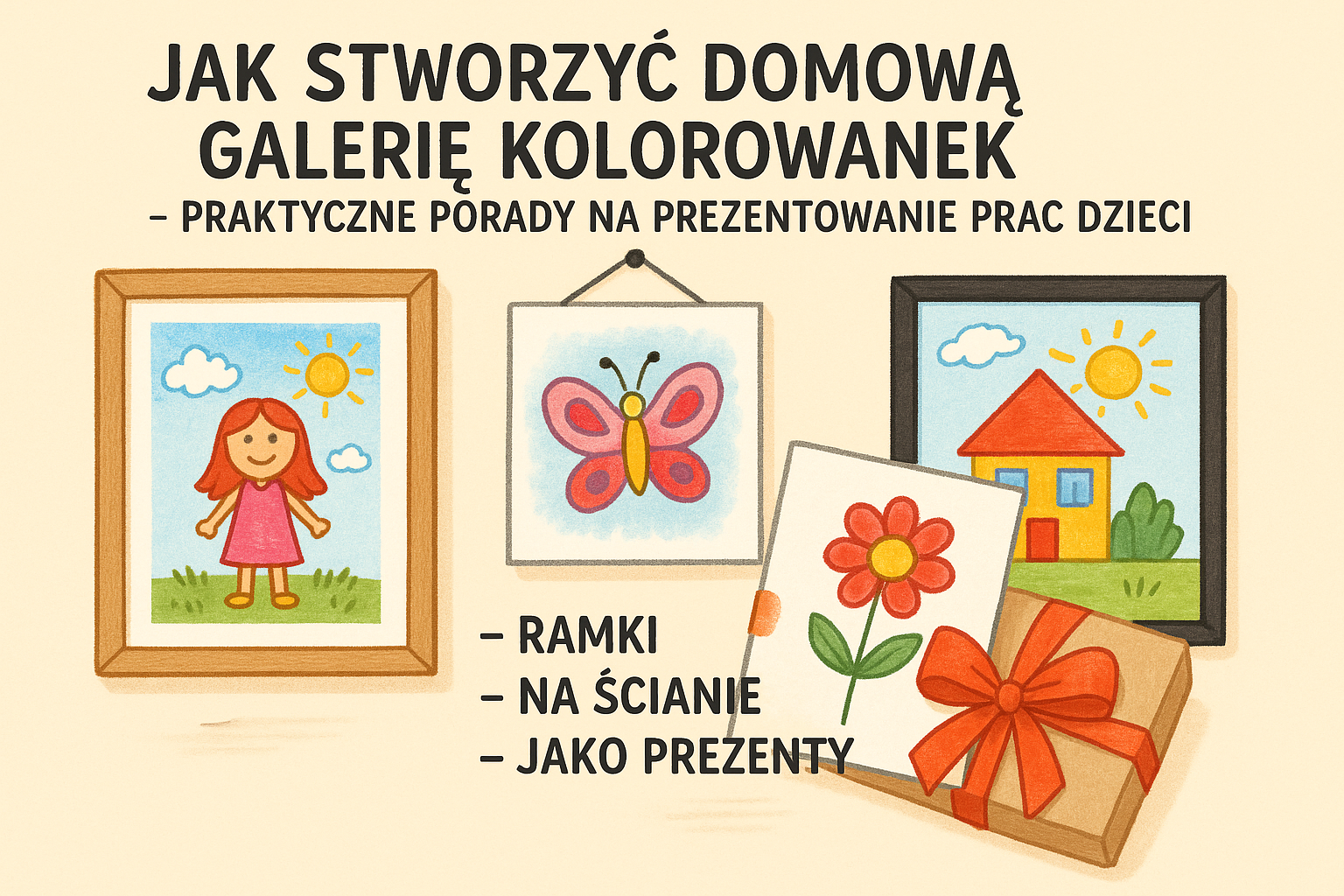 Galeria kolorowanek z dziecięcymi rysunkami, ramkami i prezentami