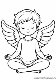 Kolorowanka przedstawiająca anioła w pozycji medytacyjnej z rozłożonymi skrzydłami