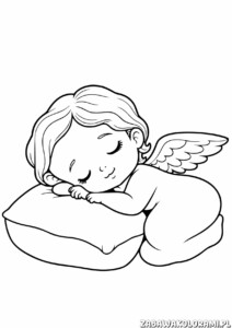 Aniołek śpiący z kędzierzawymi włosami na poduszce