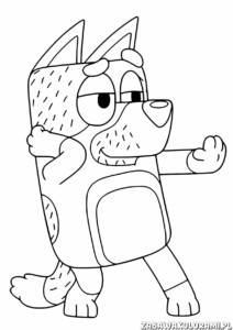 Kolorowanka przedstawiająca psa Bluey w stroju taty, stojącego na tylnych łapach i machającego przednimi łapami