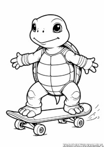 Kolorowanka przedstawia żółwia stojącego na deskorolce