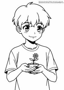 Chłopiec z kwiatkiem w doniczce