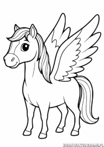 Kolorowanka przedstawiająca pegaza z rozłożonymi skrzydłami i przyjaznym wyrazem twarzy