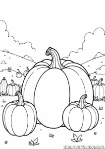 Kolorowanka z polaną dyniową, dynie w różnych rozmiarach, liście i chmury na niebie