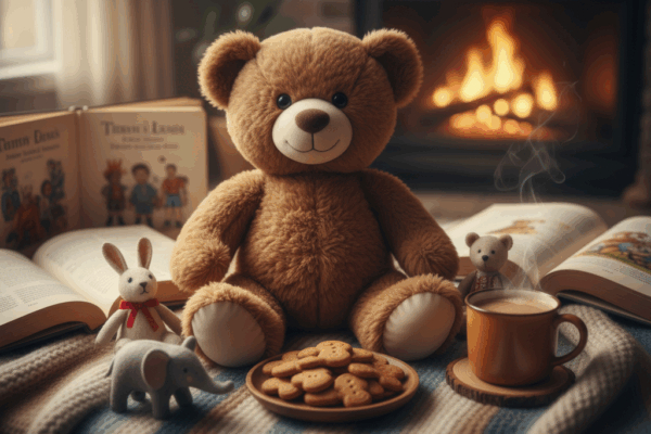 Kolorowanka przedstawia pluszowego misia z przyjaciółmi w przytulnym wnętrzu