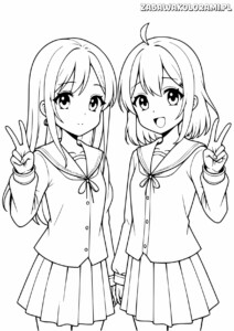 Dwie anime dziewczynki w szkolnych mundurach, obie z długimi włosami i robiące gesty rękami