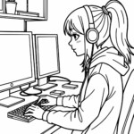 Dziewczyna gra na komputerze z wieloma monitorami i książkami w tle