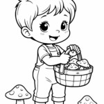 Chłopiec z koszykiem pełnym grzybów na trawie