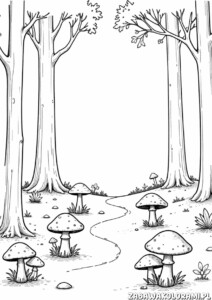 Kolorowanka przedstawiająca grzyby w lesie z drzewami i ścieżką
