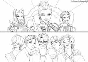 Kolorowanka przedstawia dwie grupy postaci: trzy dziewczyny z różnymi fryzurami i strojami oraz pięciu chłopców z unikalnymi cechami twarzy i ubiorami