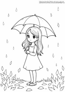 Kolorowanka przedstawiająca dziewczynkę z parasolką w deszczu