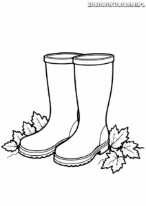 Kolorowanka przedstawiająca kalosze wśród jesiennych liści