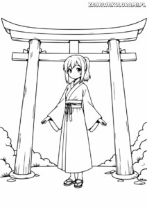 Kolorowanka przedstawiająca dziewczynkę w kimono przed torii