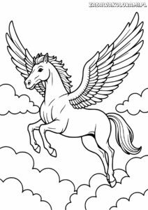 Kolorowanka przedstawiająca Pegaza w locie wśród chmur