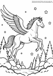 Kolorowanka przedstawiająca Pegaza w locie nad lesem
