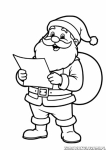 Kolorowanka Mikołaj z torbą prezentów i listem