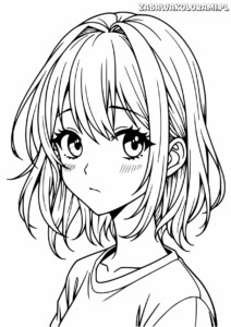 Kolorowanka anime dziewczynka z długimi włosami i poważnym wyrazem twarzy