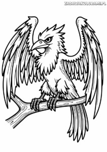 Kolorowanka orła siedzącego na gałęzi z rozłożonymi skrzydłami