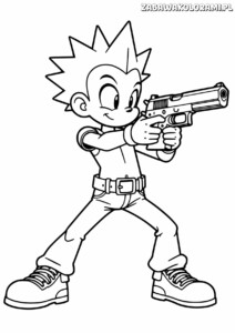 Kolorowanka z postacią z anime o charakterystycznym fryzjerze i broni