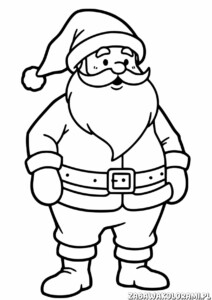 Kolorowanka przedstawia Świętego Mikołaja z długą brodą i tradycyjnym ubiorem