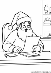 Kolorowanka przedstawiająca Świętego Mikołaja z listą prezentów