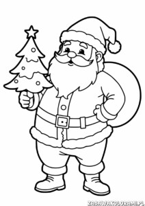 Kolorowanka przedstawia Św. Mikołaja z choinką