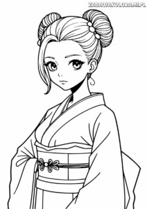 Dziewczynka w tradycyjnym japońskim kimono z dużymi, ekspresywnymi oczami i fryzurą z dwóch dużych kucyków