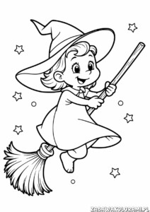 Dziewczynka na miotle, latająca wśród gwiazd i bąbelków