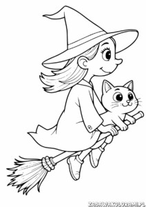 Dziewczynka czarownica z kotem na ramieniu i miotłą w ręku