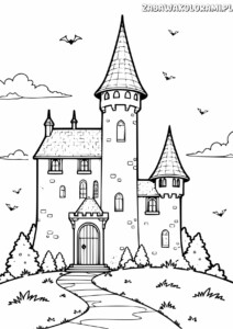 Kolorowanka z zamkiem otoczonym drzewami i nietoperzami