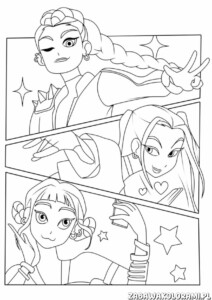 Kolorowanka przedstawiająca trzy postacie z K-popu Łowców Demonów