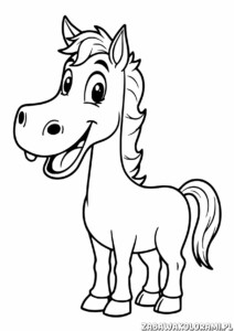 Kolorowanka przedstawiająca konia z uśmiechniętą twarzą, długą grzywą i ogonem, stojącego w pozycji stojącej