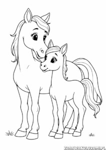 Kolorowanka przedstawiająca konia i żrebię stojące blisko siebie, konik dotyka głowy żrebaka