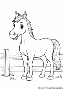 Kolorowanka przedstawiająca konia stojącego obok drewnianego płotu