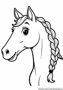 Kolorowanka przedstawiająca głowę konia z warkoczem