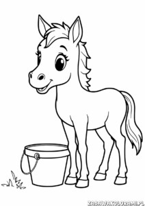 Kolorowanka przedstawiająca kucyka stojącego obok wiadra na pastwisku